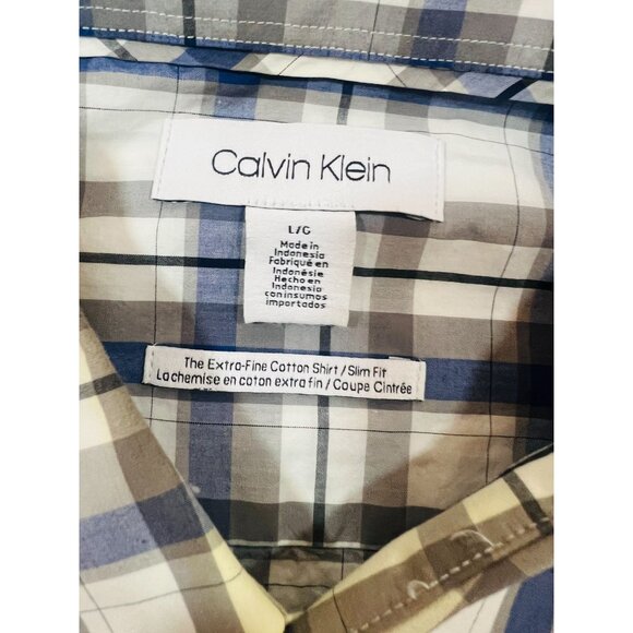 Calvin Klein Mens L/G Slim Fit Plaid Cotton Shirt Blue/Gray Long Sleeve Non-Iron - Picture 3 of 6